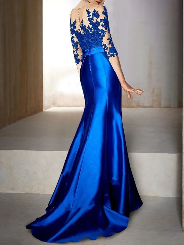 Elegant Mermaid Illusion Neck Three - Quarter Sleeve Zipper Back Floor - Length Mother of the Bride Dresses