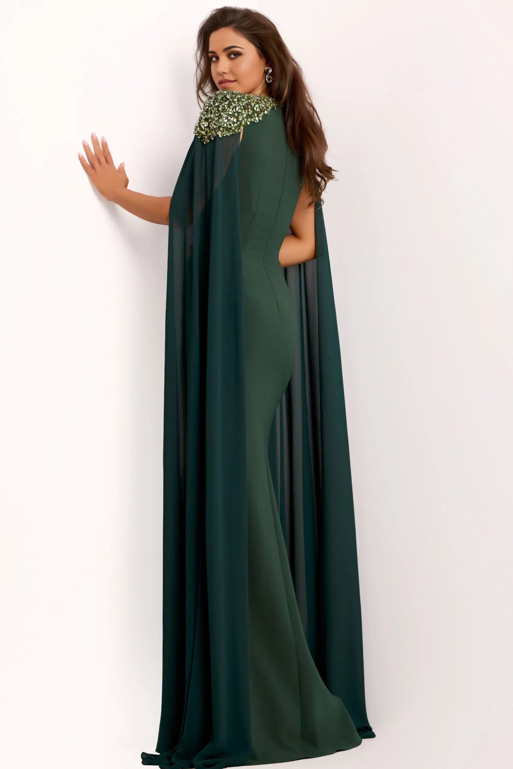 Elegant Mermaid Jewel-Neck Cape-Sleeve Beaded-Accent Long Length Evening Dresses