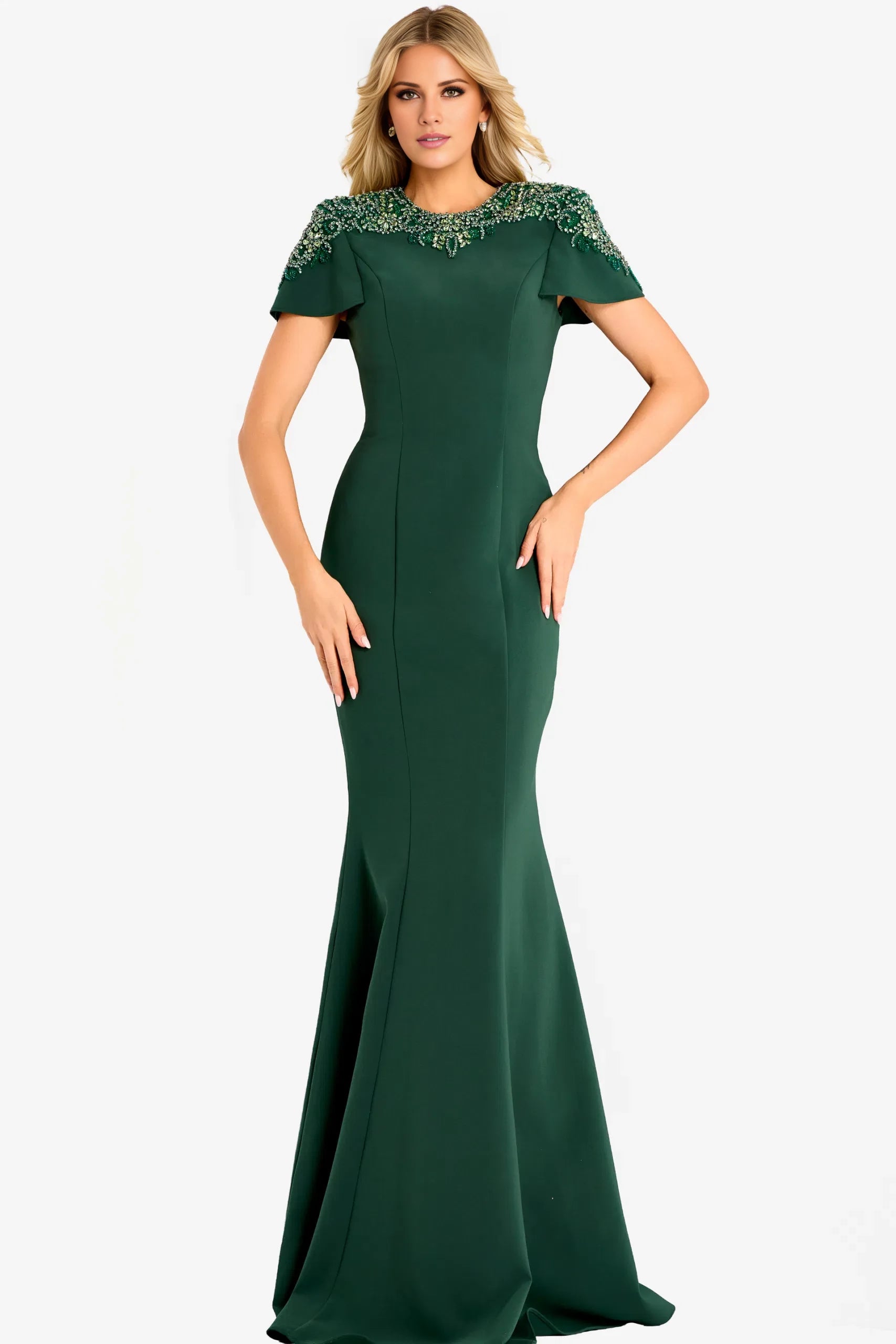 Elegant Mermaid Jewel-Neck Short-Sleeve Beaded-Accent Long Length Evening Dresses