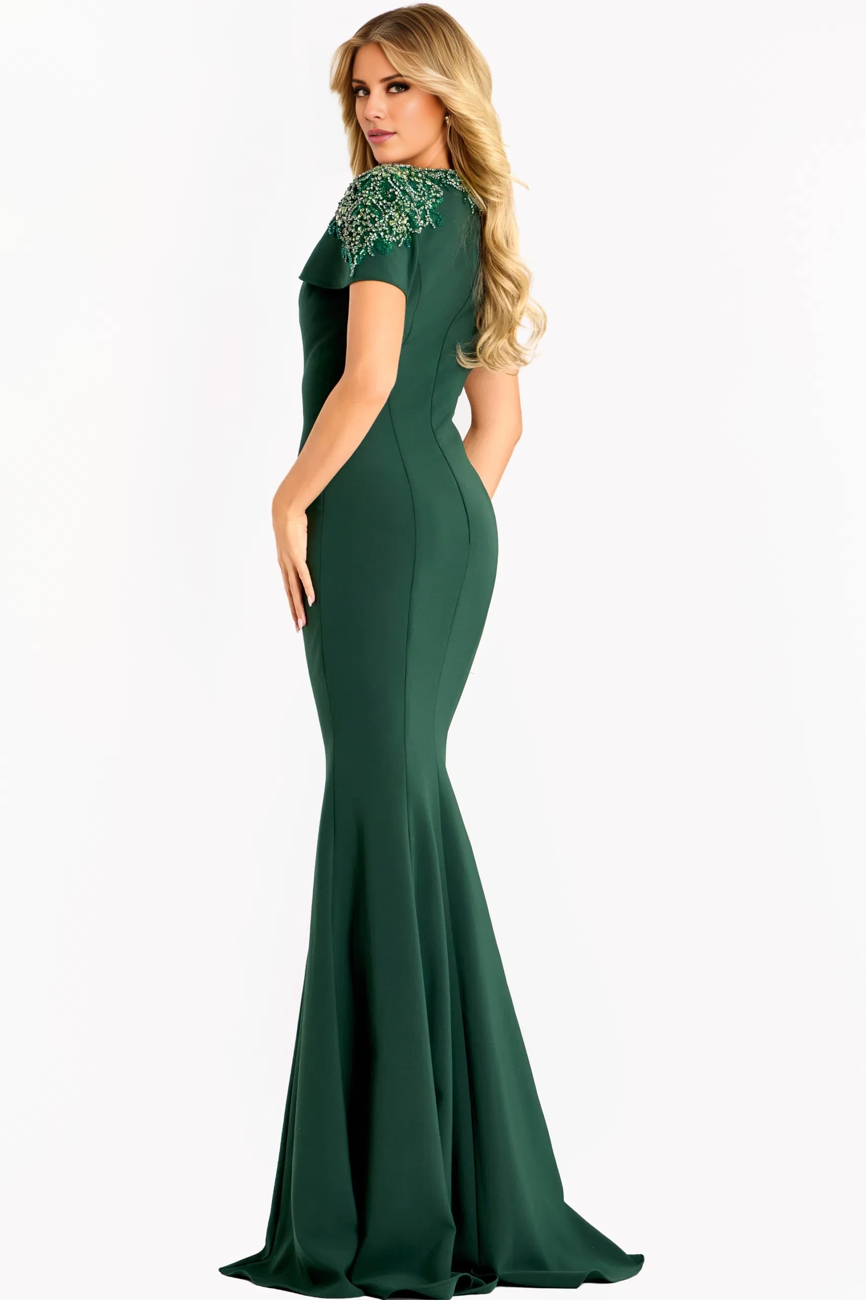 Elegant Mermaid Jewel-Neck Short-Sleeve Beaded-Accent Long Length Evening Dresses