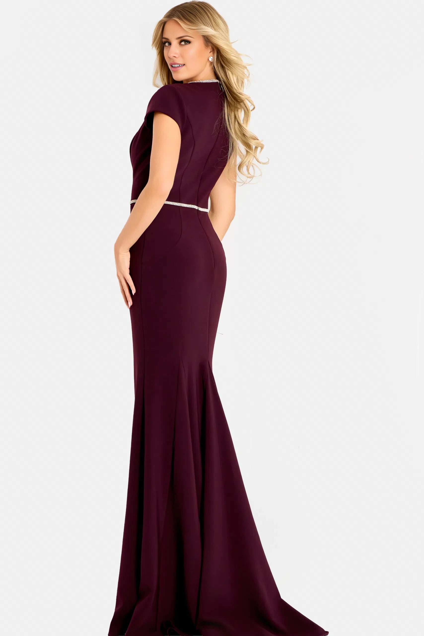 Elegant Mermaid Jewel-Neck Short-Sleeve Beaded-Bow Long Length Evening Dresses