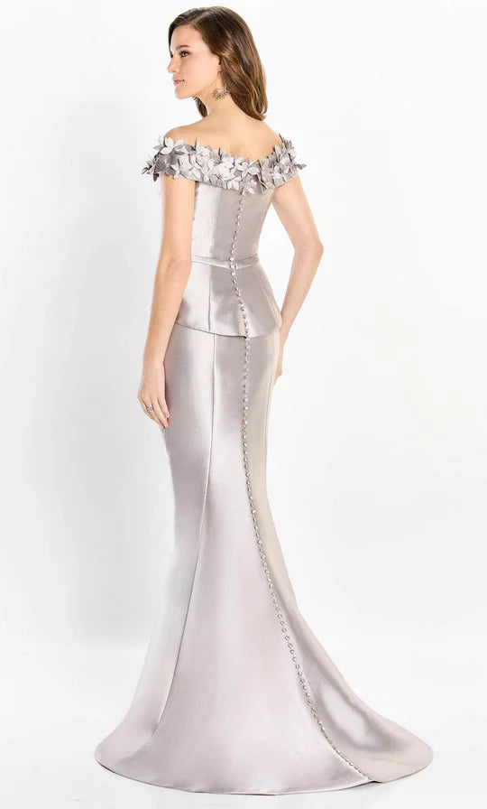 Elegant Mermaid Off-Shoulder 3D-Flower-Peplum-Button-Back Silver Satin Floor-Length Mother of the Bride Dresses