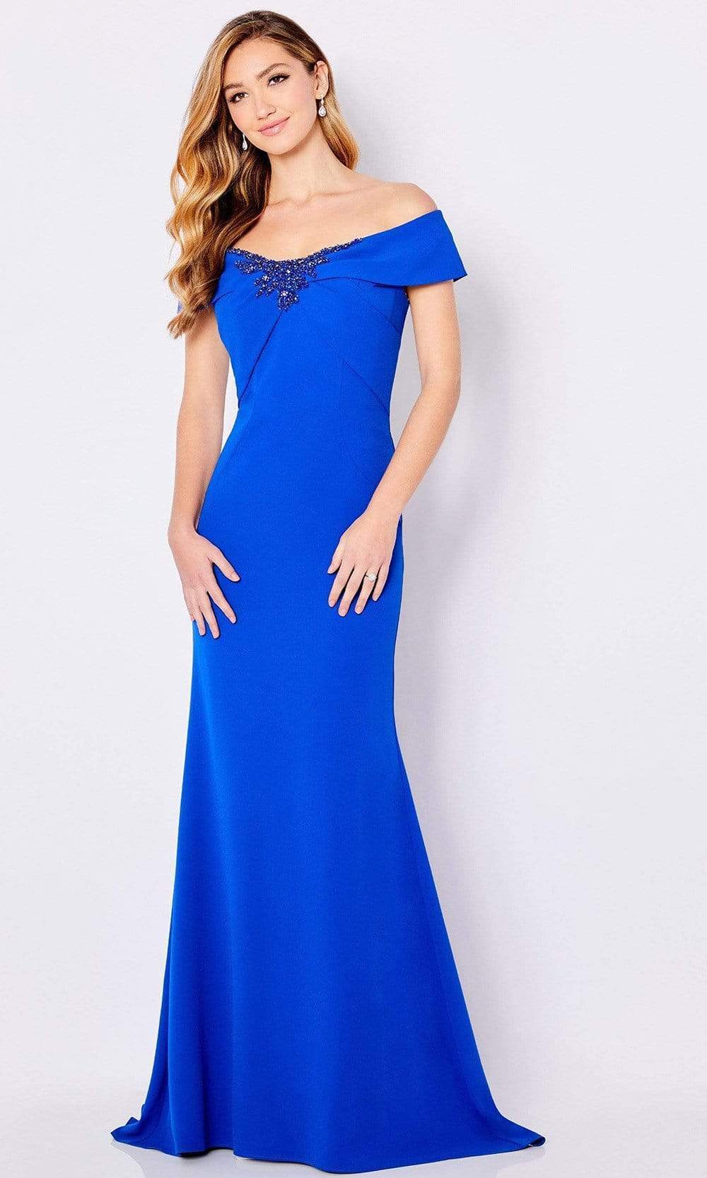 Elegant Mermaid Off-Shoulder Beaded-Trim Royal Blue Satin Floor-Length Mother of the Bride Dresses