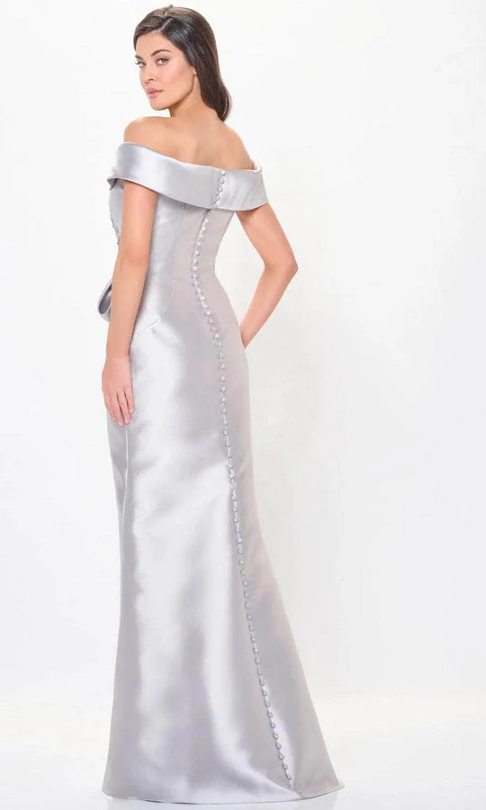 Elegant Mermaid Off-Shoulder Cap-Sleeve-Button-Back Silver Satin Embellished Floor-Length Mother of the Bride Dresses
