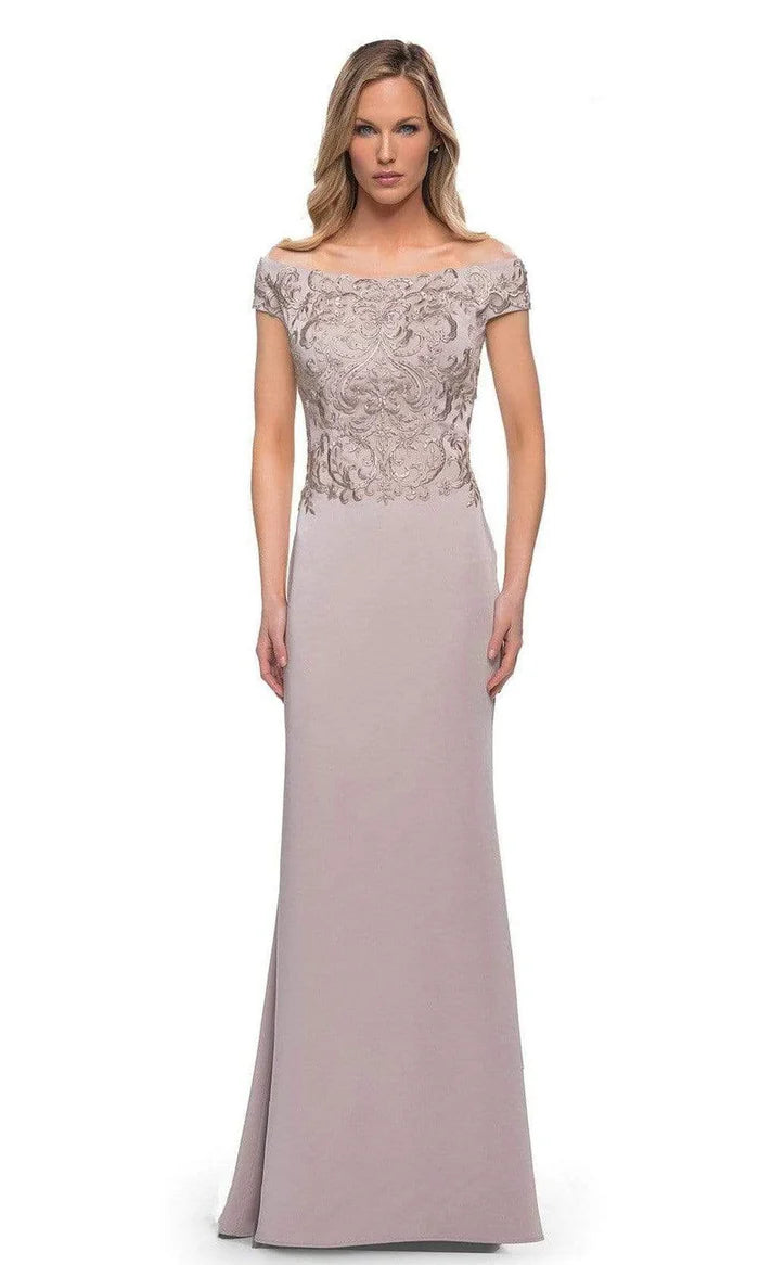 Elegant Mermaid Off-Shoulder Cap-Sleeve Lace-Back Dusty-Mauve Embellished-Lace Satin Floor-Length Mother of the Bride Dresses