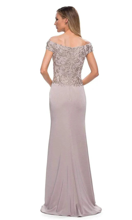 Elegant Mermaid Off-Shoulder Cap-Sleeve Lace-Back Dusty-Mauve Embellished-Lace Satin Floor-Length Mother of the Bride Dresses