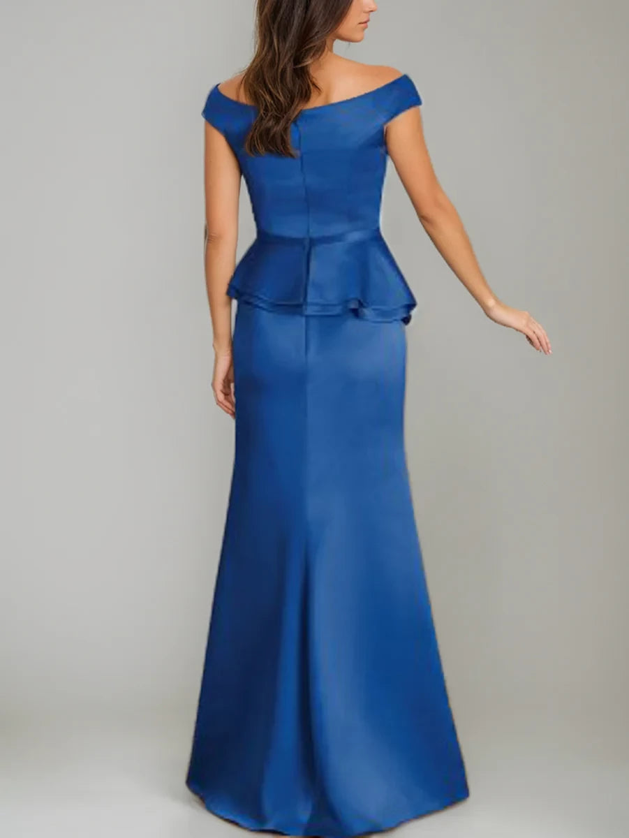 Elegant Mermaid Off - Shoulder Cap Sleeve Zipper Back Floor - Length Mother of the Bride Dresses