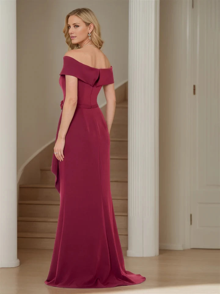 Elegant Mermaid Off - Shoulder Cap Sleeve Zipper Back Floor - Length Mother of the Bride Dresses