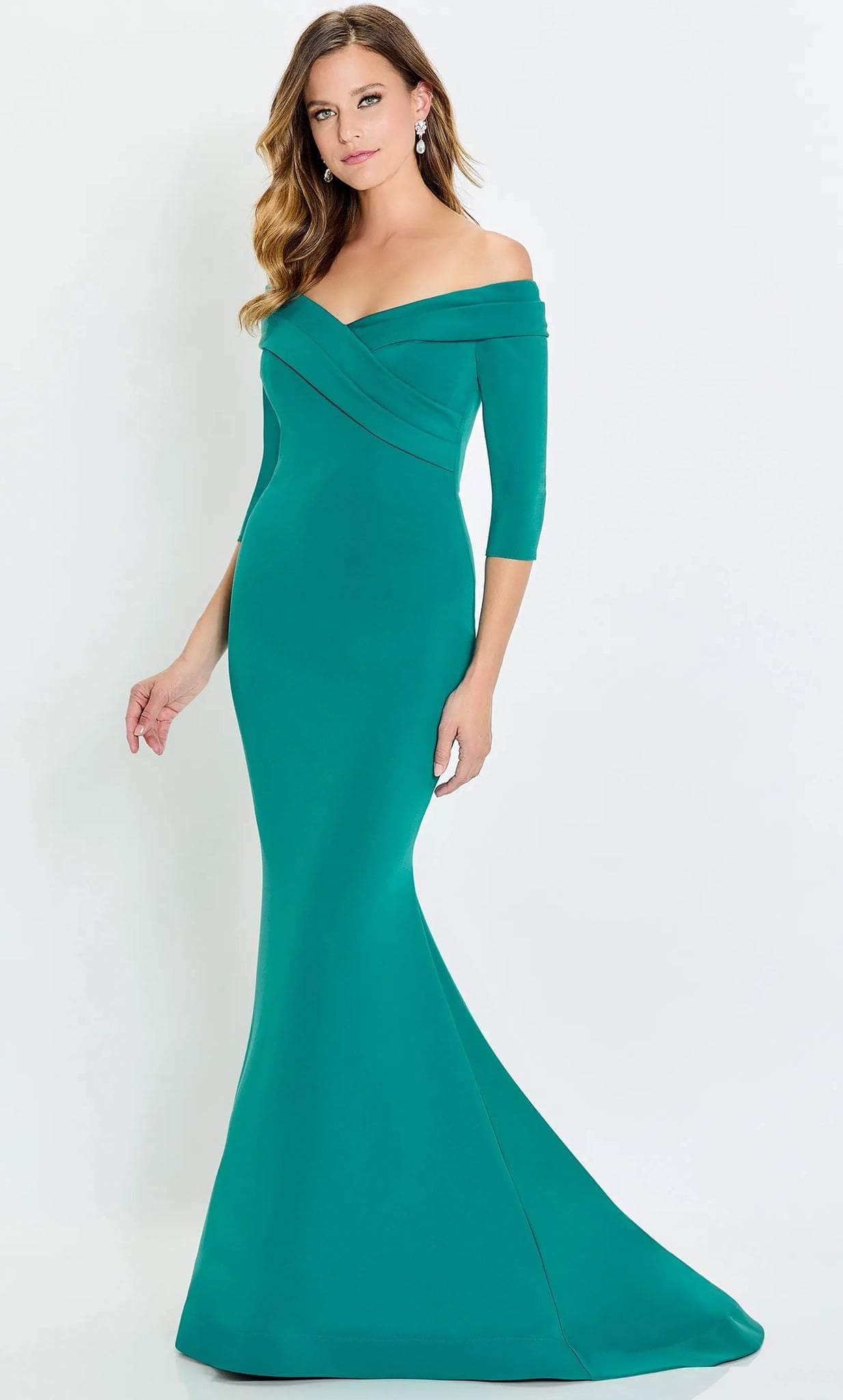 Elegant Mermaid Off-Shoulder Cross-Overlay-Three-Quarter-Sleeve-Back Emerald Satin Floor-Length Mother of the Bride Dresses