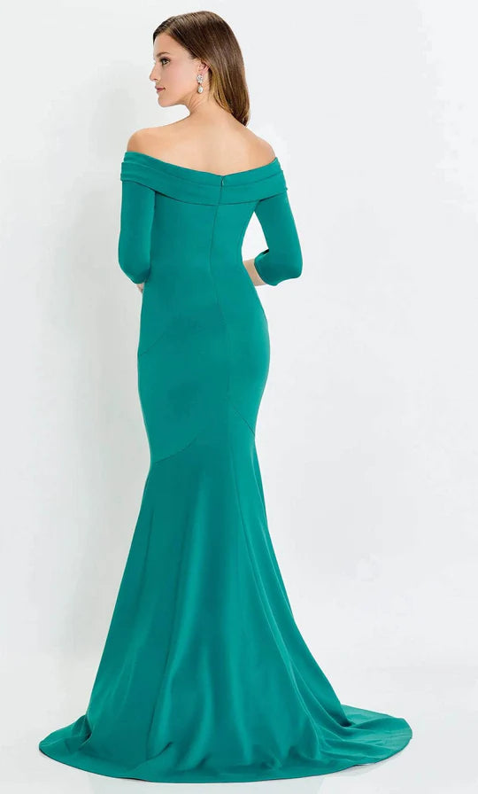 Elegant Mermaid Off-Shoulder Cross-Overlay-Three-Quarter-Sleeve-Back Emerald Satin Floor-Length Mother of the Bride Dresses