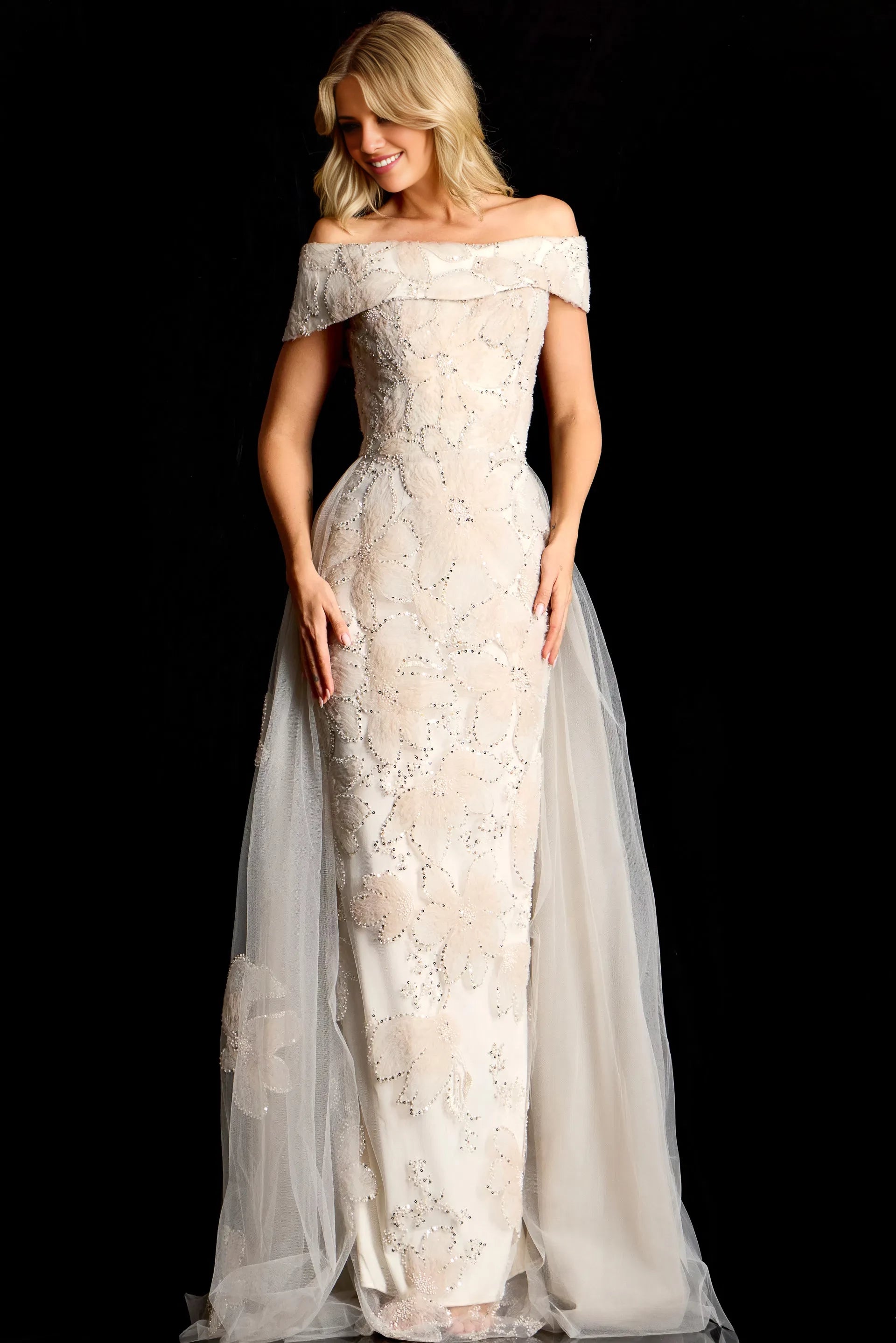 Elegant Mermaid Off-Shoulder Floral-Beaded Tulle-Accent Long Length Evening Dresses