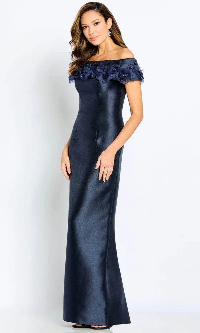 Elegant Mermaid Off-Shoulder Floral-Trimmed-Back Navy Satin Floor-Length Mother of the Bride Dresses