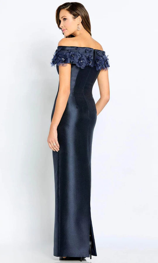 Elegant Mermaid Off-Shoulder Floral-Trimmed-Back Navy Satin Floor-Length Mother of the Bride Dresses