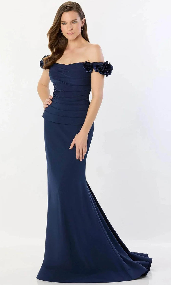 Elegant Mermaid Off-Shoulder Flower-Accent Button-Back Navy Satin Floor-Length Mother of the Bride Dresses