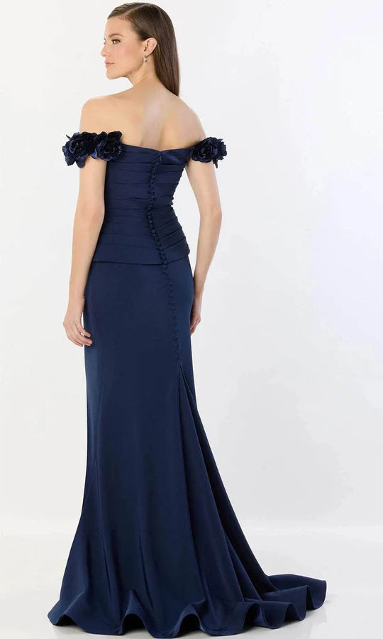 Elegant Mermaid Off-Shoulder Flower-Accent Button-Back Navy Satin Floor-Length Mother of the Bride Dresses