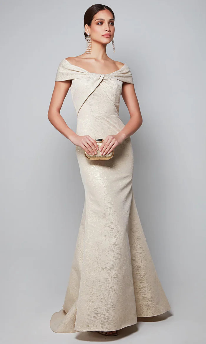 Elegant Mermaid Off-Shoulder Knot-Accent-Zip-Back Champagne Textured Satin Floor-Length Mother of the Bride Dresses