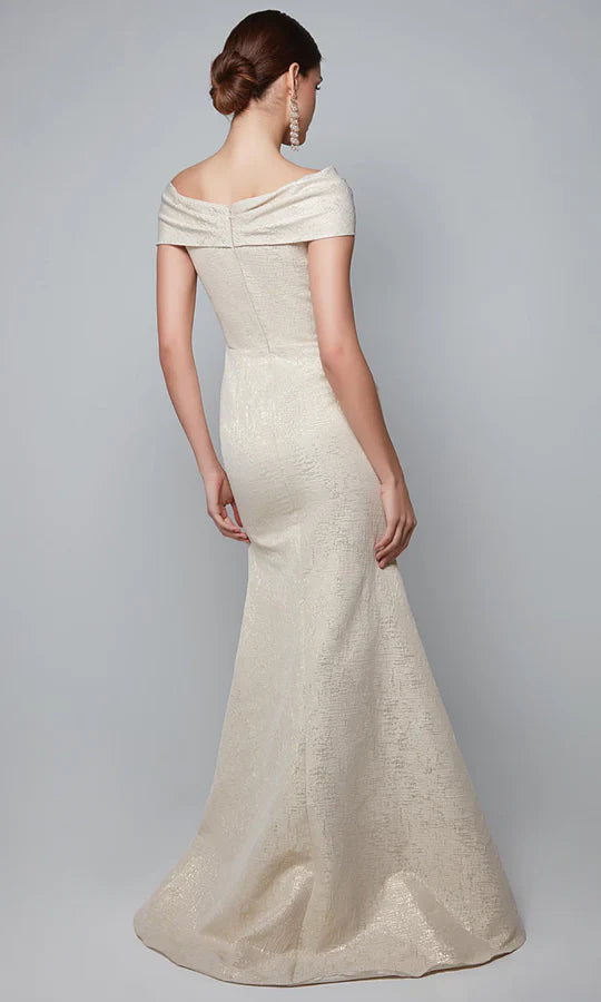 Elegant Mermaid Off-Shoulder Knot-Accent-Zip-Back Champagne Textured Satin Floor-Length Mother of the Bride Dresses