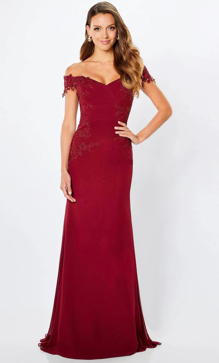 Elegant Mermaid Off-Shoulder Lace-Accent-Ruched-Back Burgundy Chiffon Floor-Length Mother of the Bride Dresses