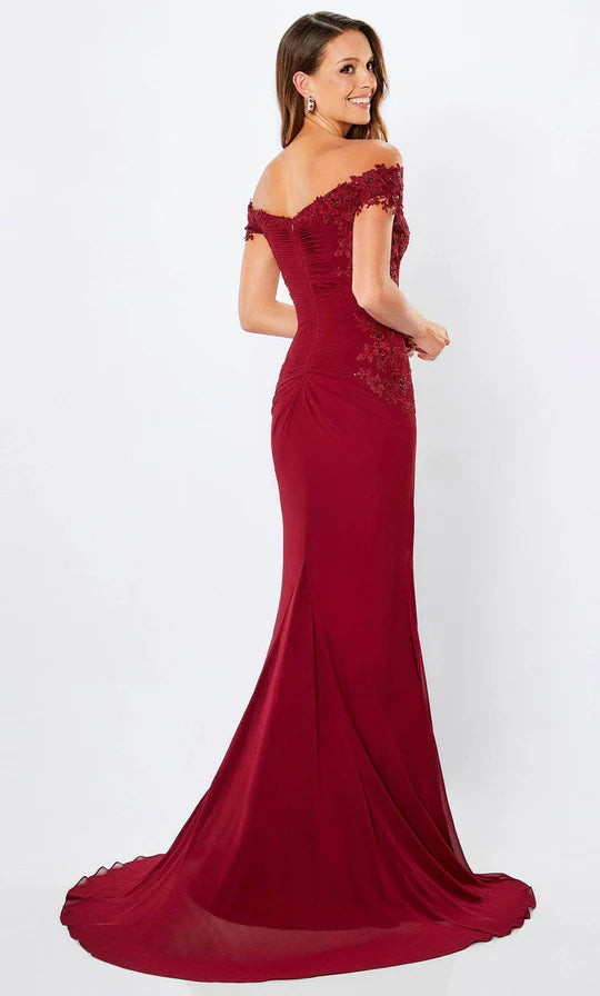 Elegant Mermaid Off-Shoulder Lace-Accent-Ruched-Back Burgundy Chiffon Floor-Length Mother of the Bride Dresses