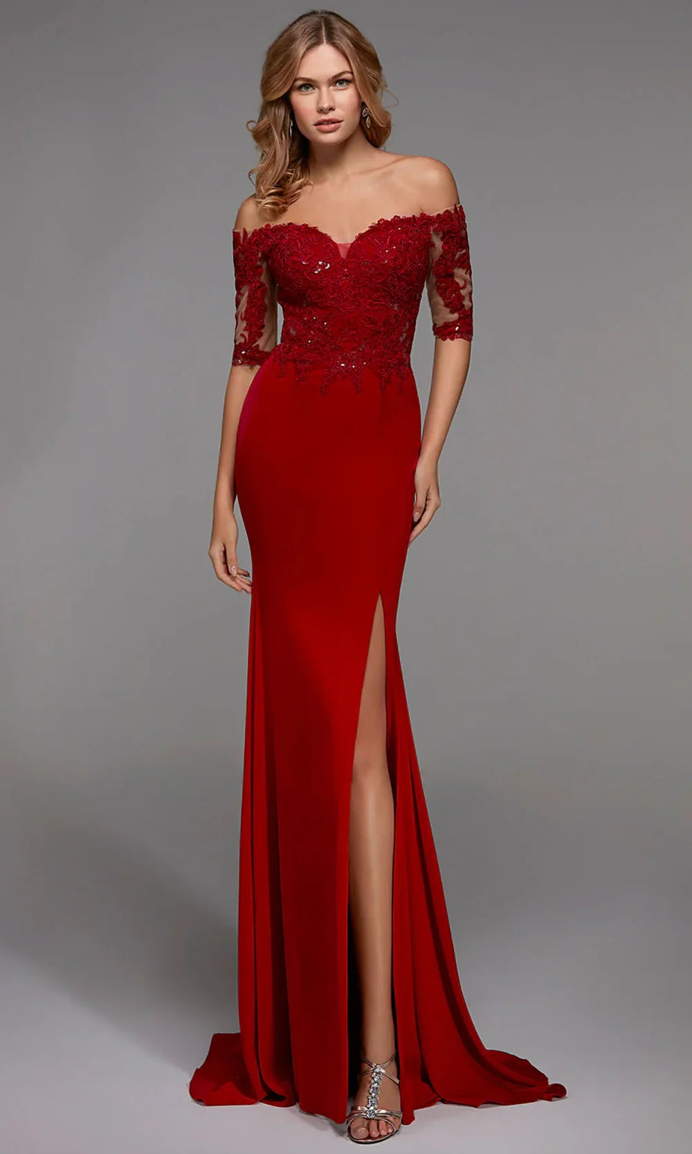 Elegant Mermaid Off-Shoulder Lace-Cap-Sleeve-Zip-Back Ruby Satin Floor-Length Mother of the Bride Dresses