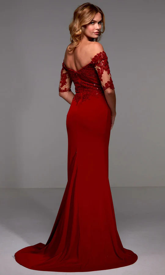 Elegant Mermaid Off-Shoulder Lace-Cap-Sleeve-Zip-Back Ruby Satin Floor-Length Mother of the Bride Dresses