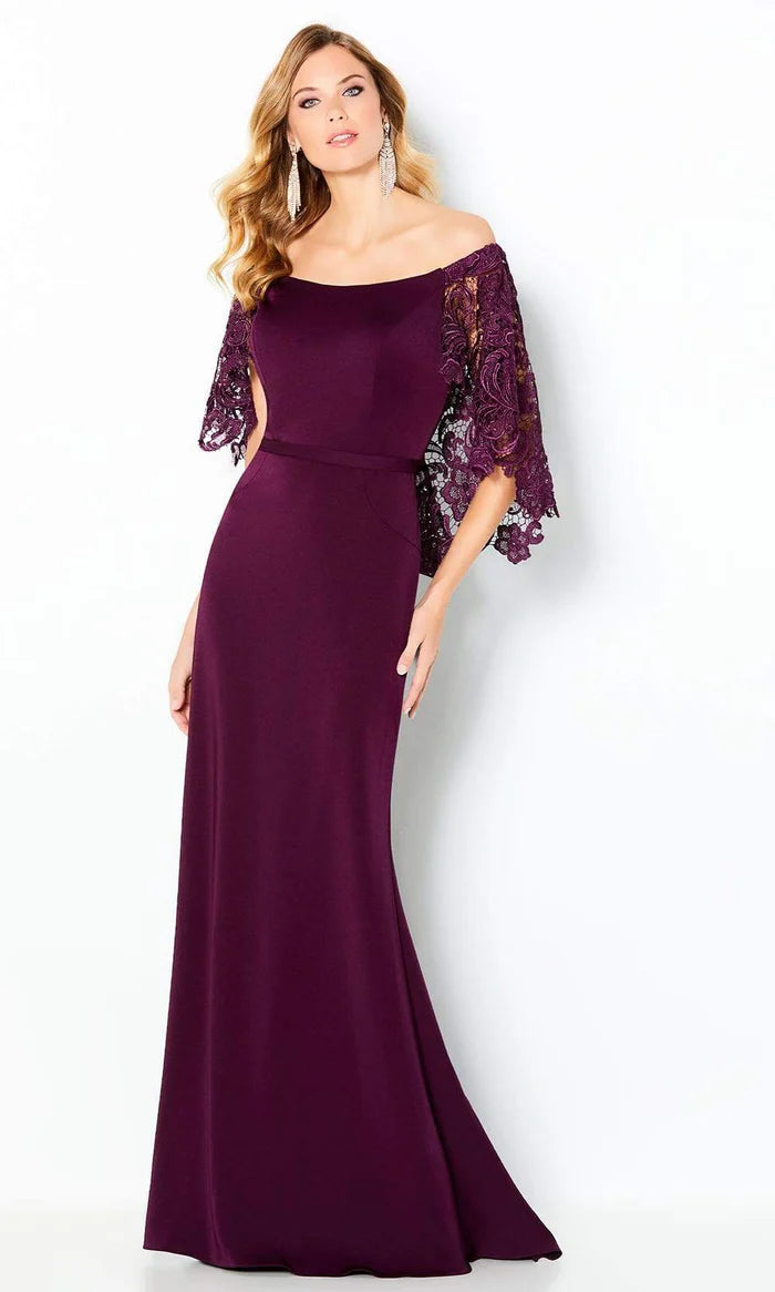 Elegant Mermaid Off-Shoulder Lace-Cape-Back Burgundy Satin Floor-Length Mother of the Bride Dresses