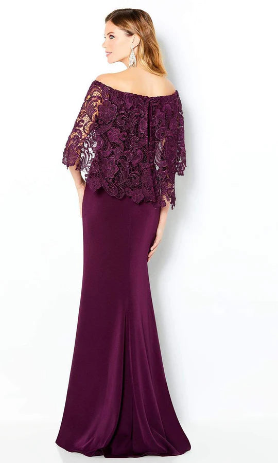 Elegant Mermaid Off-Shoulder Lace-Cape-Back Burgundy Satin Floor-Length Mother of the Bride Dresses