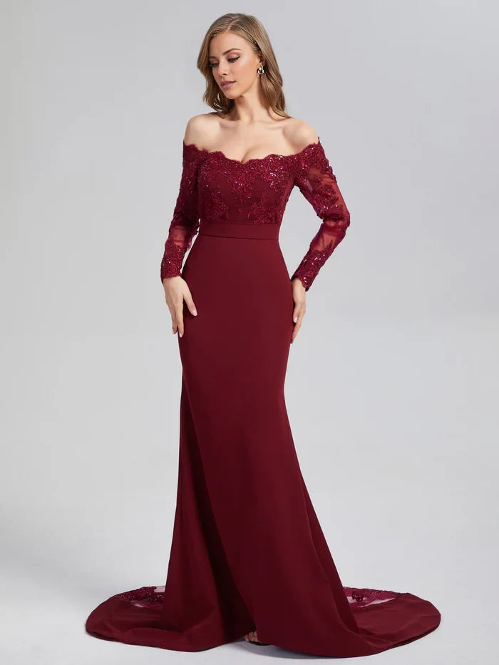Elegant Mermaid Off - Shoulder Long Sleeve Button Back Long Length Prom Dresses