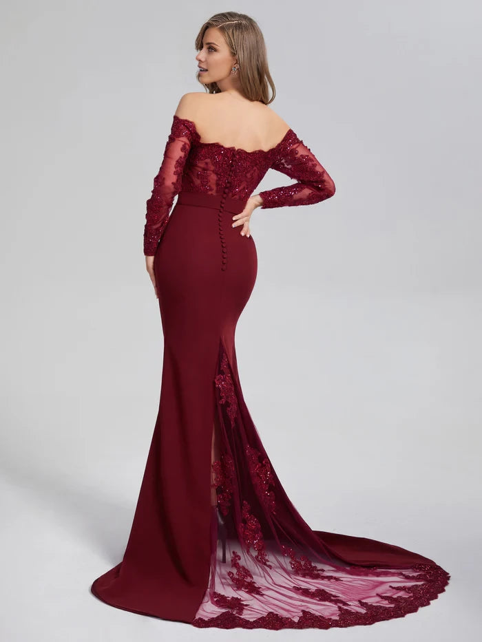 Elegant Mermaid Off - Shoulder Long Sleeve Button Back Long Length Prom Dresses