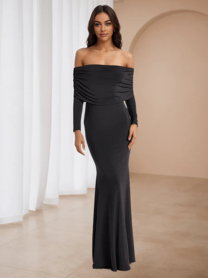 Elegant Mermaid Off - Shoulder Long Sleeve Zipper Back Floor Length Prom Dresses