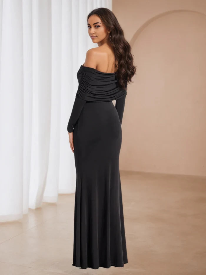 Elegant Mermaid Off - Shoulder Long Sleeve Zipper Back Floor Length Prom Dresses