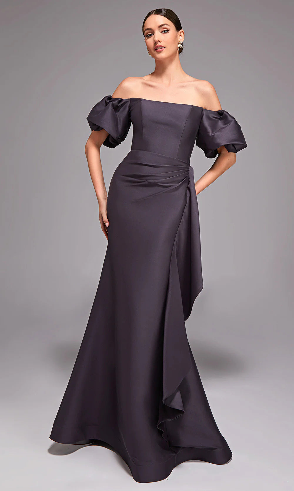 Elegant Mermaid Off-Shoulder Puff-Sleeve-Zip-Back Charcoal Satin Floor-Length Mother of the Bride Dresses