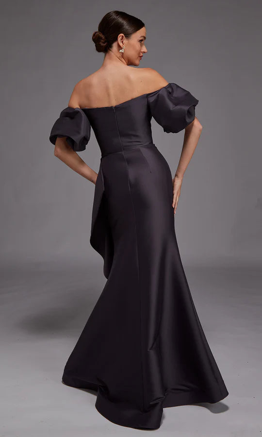 Elegant Mermaid Off-Shoulder Puff-Sleeve-Zip-Back Charcoal Satin Floor-Length Mother of the Bride Dresses