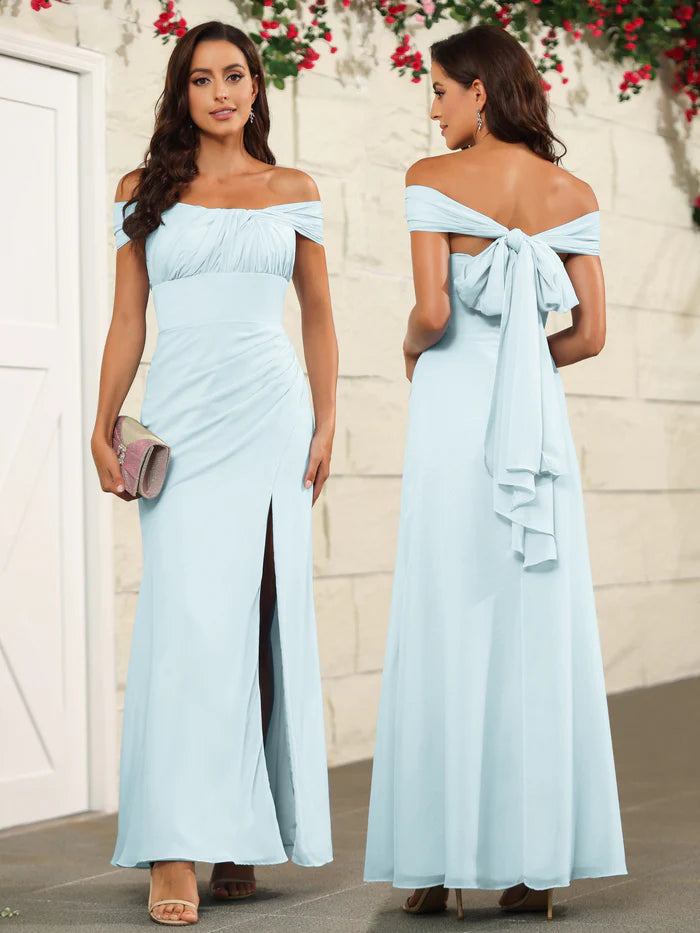 Elegant Mermaid Off-Shoulder Ruched-Bodice Bow-Back High-Slit Floor-Length Bridesmaid Dresses