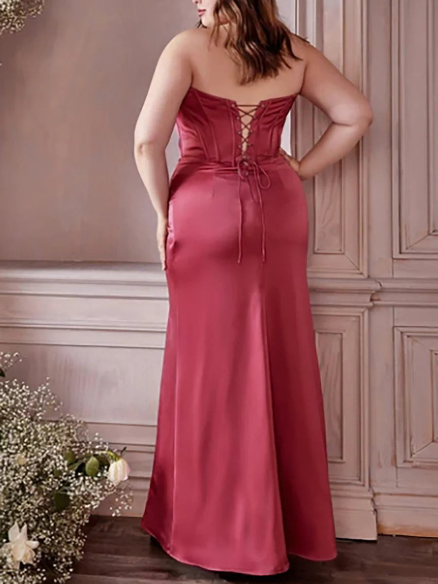 Plus Size Elegant Mermaid Off - Shoulder Ruched Sleeve Lace - Up Back Long Length Prom Dresses