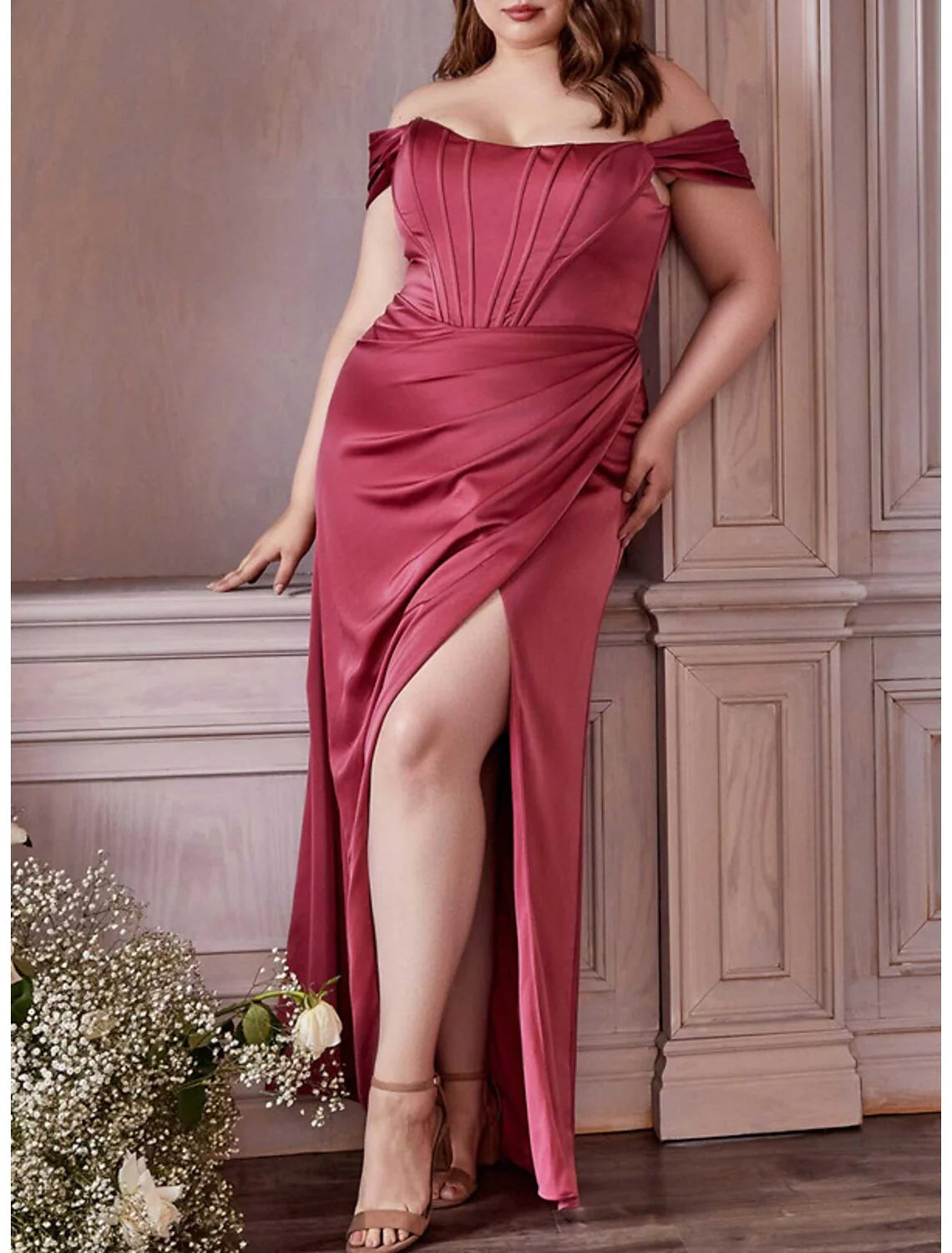 Plus Size Elegant Mermaid Off - Shoulder Ruched Sleeve Lace - Up Back Long Length Prom Dresses
