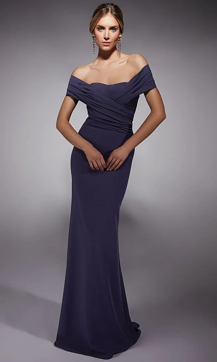 Elegant Mermaid Off-Shoulder Ruched-Sleeve-Zip-Back Navy Chiffon Floor-Length Mother of the Bride Dresses