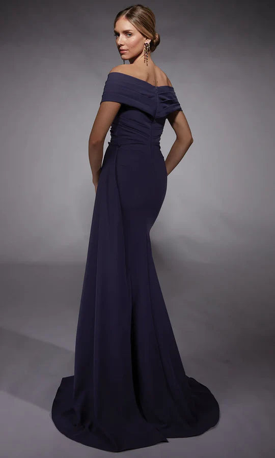 Elegant Mermaid Off-Shoulder Ruched-Sleeve-Zip-Back Navy Chiffon Floor-Length Mother of the Bride Dresses