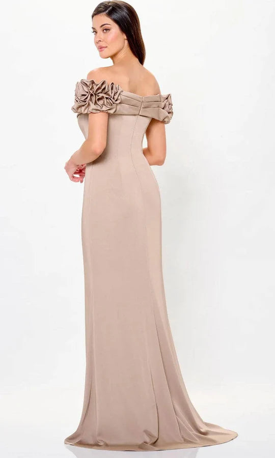 Elegant Mermaid Off-Shoulder Ruffle-Accent Beaded-Trim-Back Champagne Satin Floor-Length Mother of the Bride Dresses