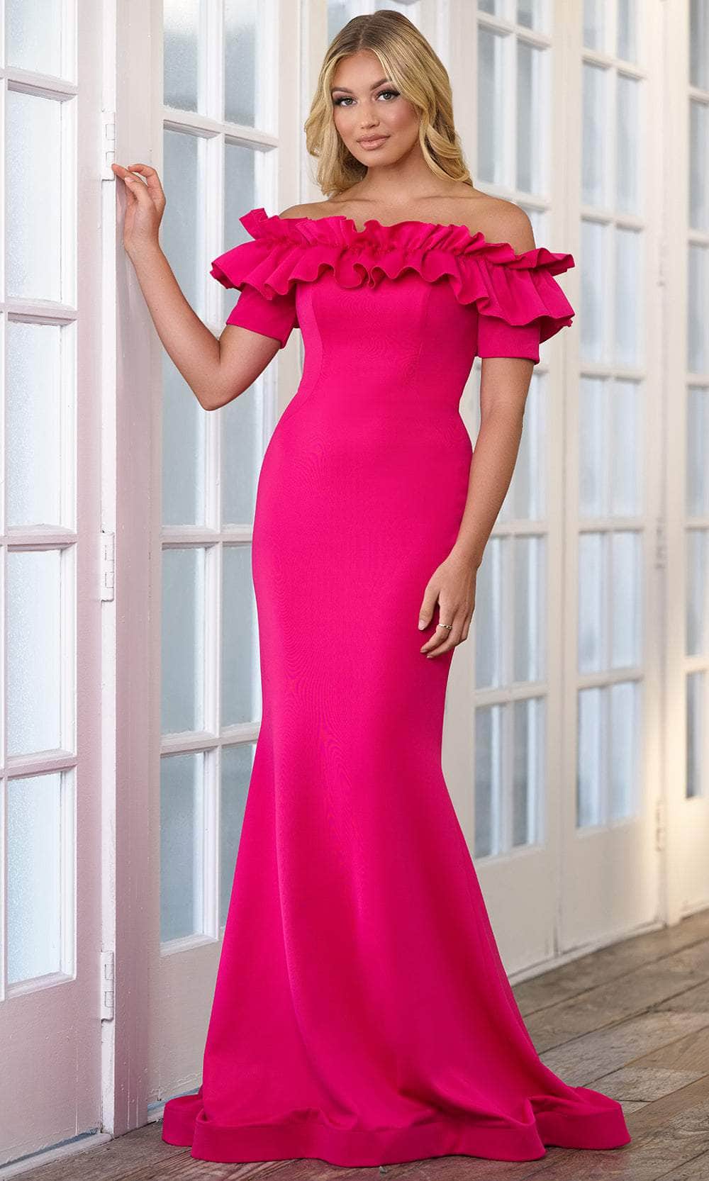 Elegant Mermaid Off-Shoulder Ruffle-Sleeve Open-Back Fuchsia Satin Floor-Length Mother of the Bride Dresses