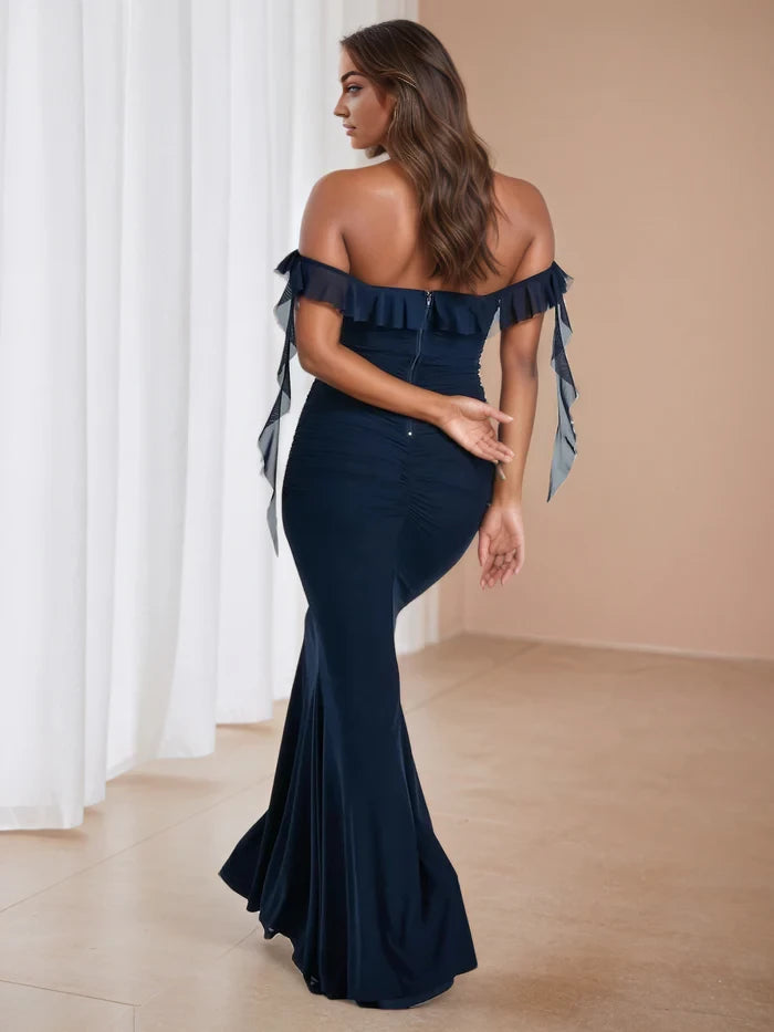 Elegant Mermaid Off - Shoulder Ruffled Sleeve Open Back Long Length Prom Dresses