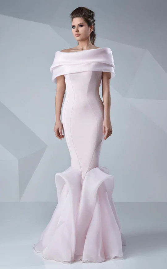 Elegant Mermaid Off-Shoulder Ruffled-Sleeve V-Back Blush Organza Floor-Length Mother of the Bride Dresses