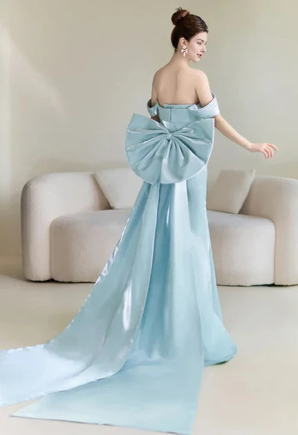 Elegant Mermaid Off-Shoulder Satin Oversized-Bow Back Train Length Evening Dresses