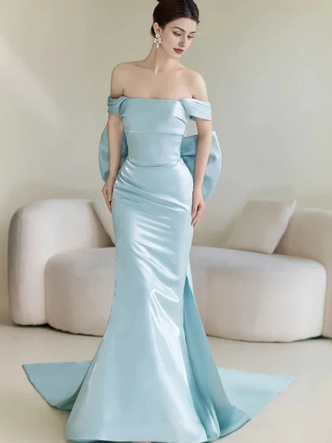 Elegant Mermaid Off-Shoulder Satin Oversized-Bow Back Train Length Evening Dresses