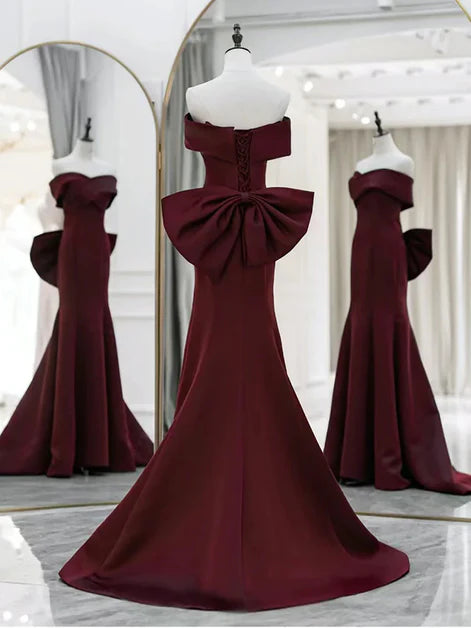 Elegant Mermaid Off-Shoulder Satin Oversized-Bow Lace-Up Back Train Length Evening Dresses