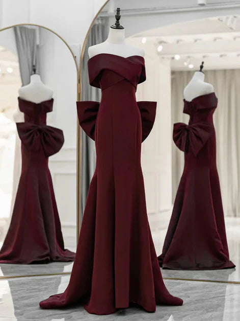 Elegant Mermaid Off-Shoulder Satin Oversized-Bow Lace-Up Back Train Length Evening Dresses