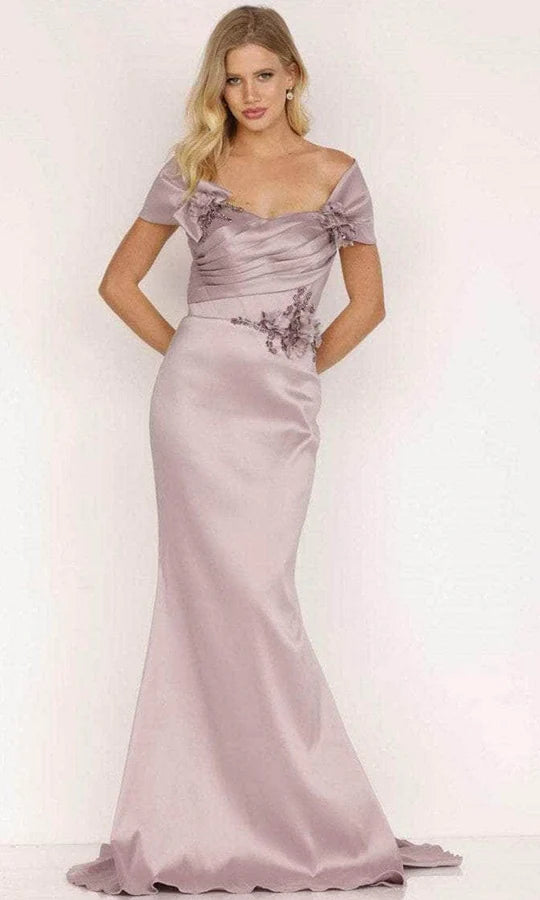 Elegant Mermaid Off-Shoulder Short-Sleeve Open-Back Dusty Lavender Satin-Floral Floor-Length Mother of the Bride Dresses
