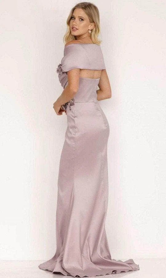 Elegant Mermaid Off-Shoulder Short-Sleeve Open-Back Dusty Lavender Satin-Floral Floor-Length Mother of the Bride Dresses