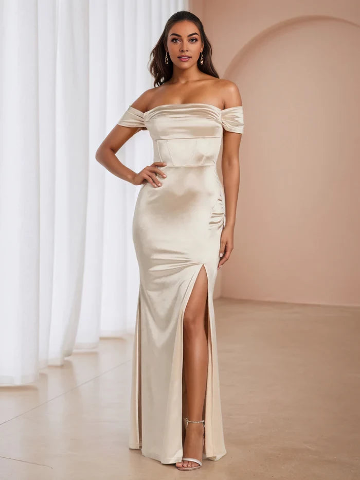 Elegant Mermaid Off - Shoulder Short Sleeve Open Back Long Length Prom Dresses