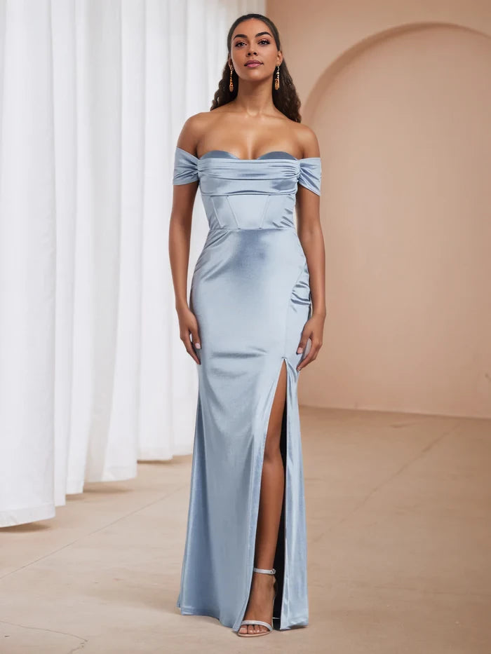 Elegant Mermaid Off - Shoulder Short Sleeve Open Back Long Length Prom Dresses